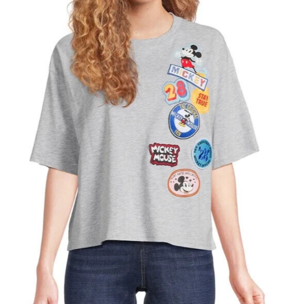 Disney Mickey Mouse Multi Patch Graphic Cropped Tee Heather Gray Women's Size XL